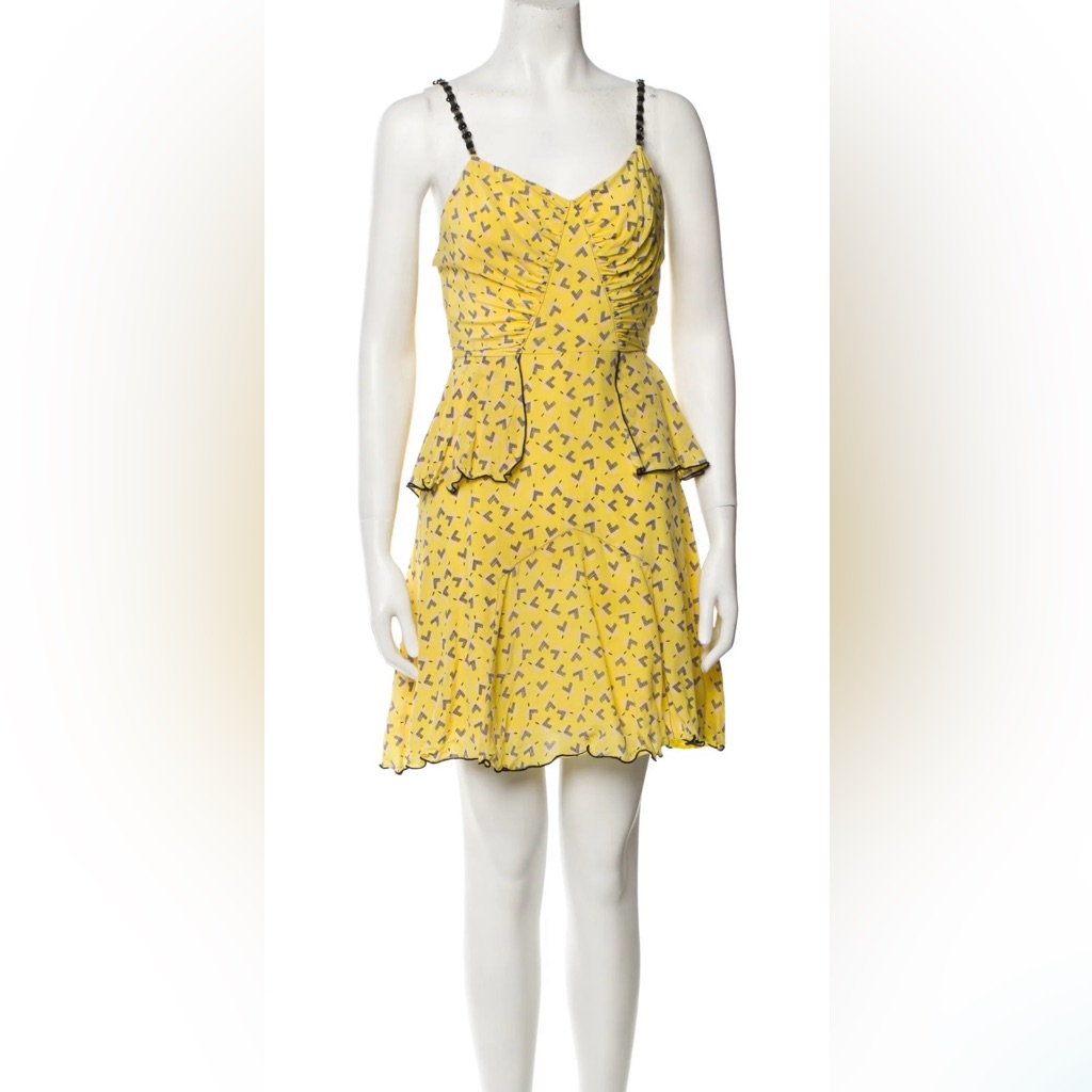 Anna Sui Silk Dress Beaded Straps, Vintage Pattern,Yellow W/Black Stitching 6